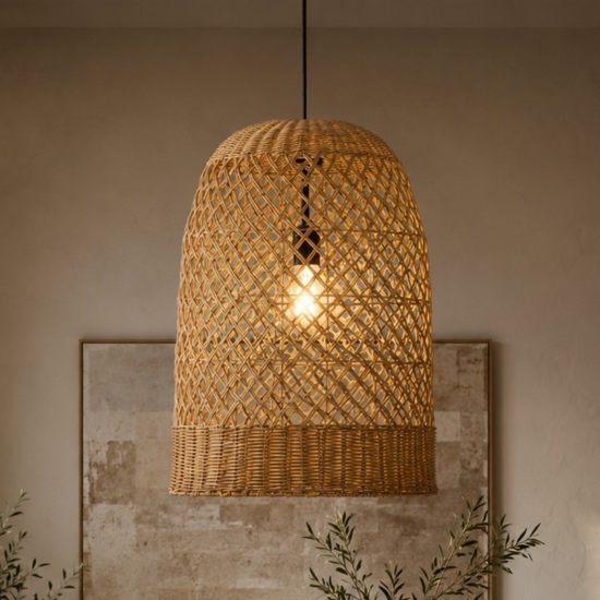 Lampadario cupola di rattan miele intrecciato 41 cm per sala da pranzo