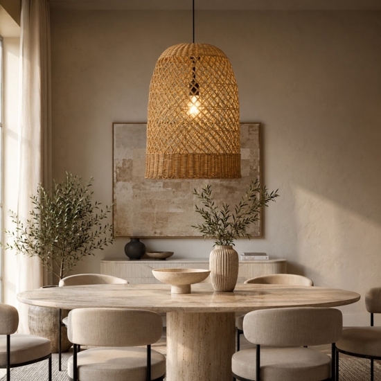 Lampadario cupola di rattan miele intrecciato 41 cm per sala da pranzo