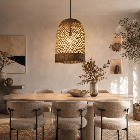 Lampadario a sospensione cupola di rattan marrone per sala da pranzo