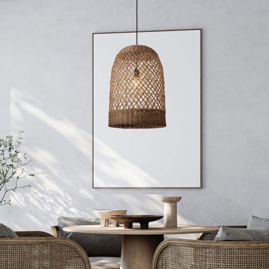 Lampadario a sospensione cupola di rattan marrone per sala da pranzo
