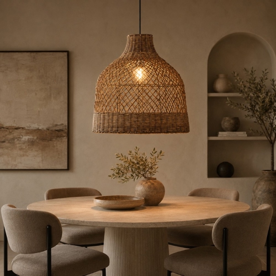 Lampadario cupola di rattan a sospensione marrone per sala da pranzo