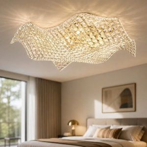 Plafoniera per camera da letto vela di cristalli struttura oro