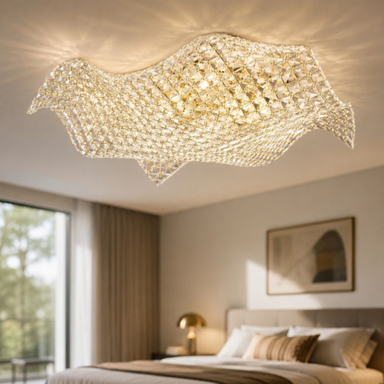 Plafoniera per camera da letto vela di cristalli struttura oro
