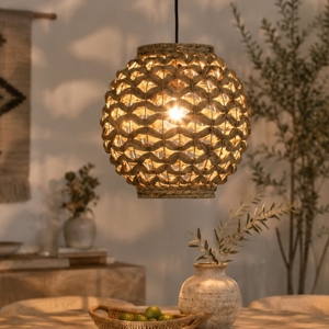Lampadario per sala da pranzo sfera di rattan e giacinto essiccato