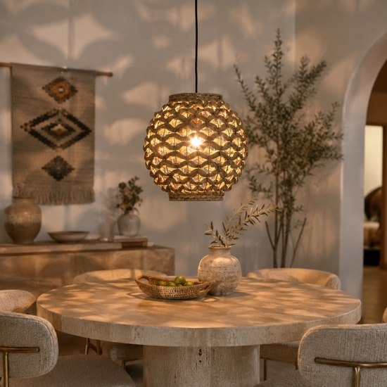 Lampadario per sala da pranzo sfera di rattan e giacinto essiccato