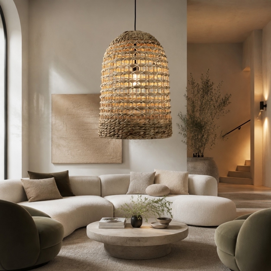 Lampadario cupola di rattan e giacinto essiccato per soggiorno