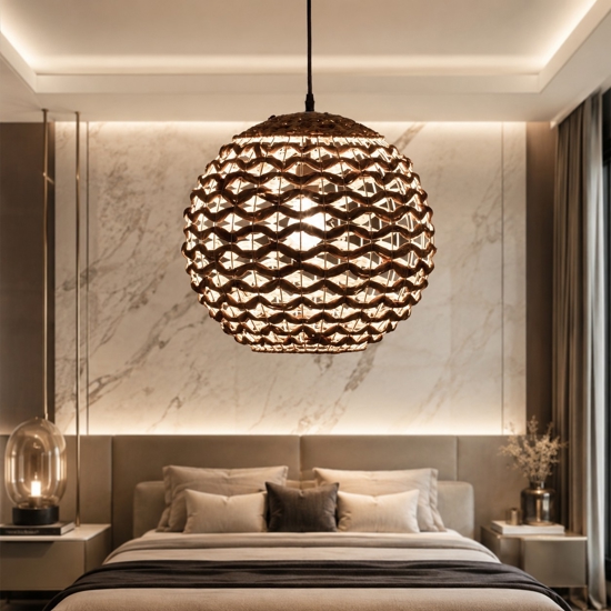 Lampadario a sospensione sfera di rattan e giacinto essiccato per camera da letto