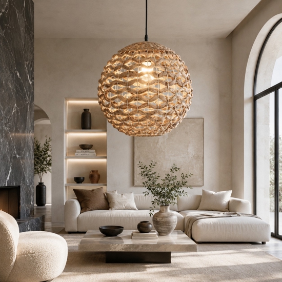 Lampadario sfera di rattan 50 cm e giaciglio essiccato per soggiorno