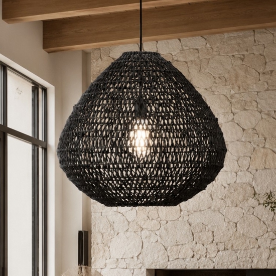 Lampadario di rattan e corda di carta nera filo in tessuto per soggiorno
