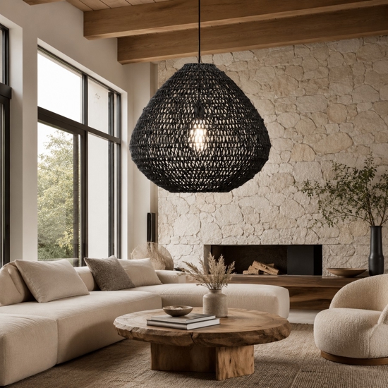 Lampadario di rattan e corda di carta nera filo in tessuto per soggiorno