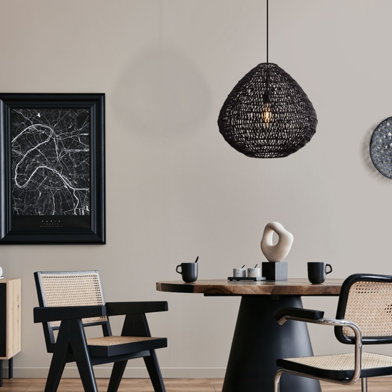 Lampadario di rattan e corda di carta nera filo in tessuto per soggiorno