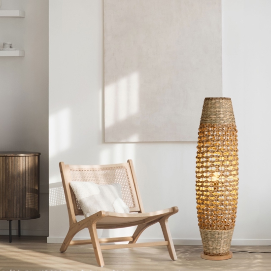 Lampada da terra rattan giacinto ed erba intrecciati base di legno