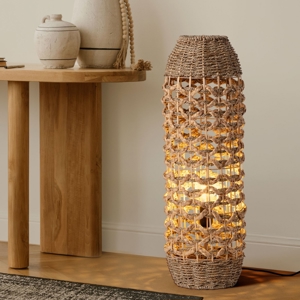 Lampada da terra in rattan e giacinto essiccato erba