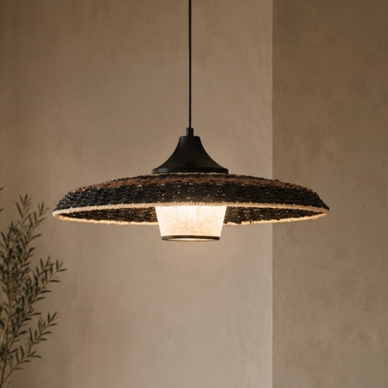 Lampadario disco di rattan naturale nero marrone e tessuto per sala da pranzo