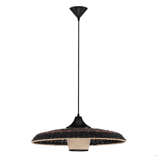 Lampadario disco di rattan naturale nero marrone e tessuto per sala da pranzo