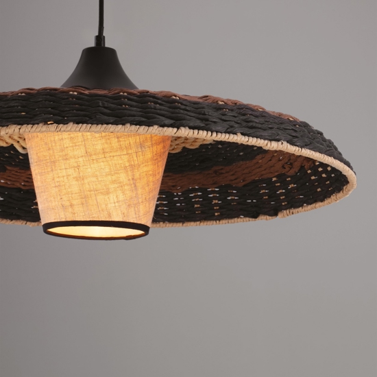Lampadario disco di rattan naturale nero marrone e tessuto per sala da pranzo