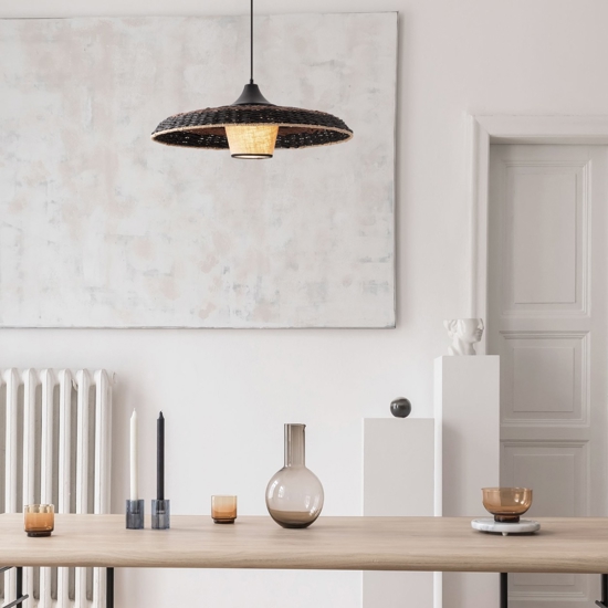 Lampadario disco di rattan naturale nero marrone e tessuto per sala da pranzo