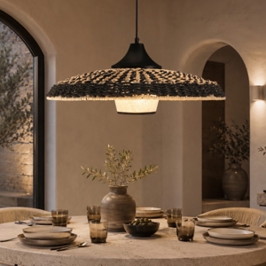 Lampadario disco di rattan naturale e tessuto nero marrone per cucina