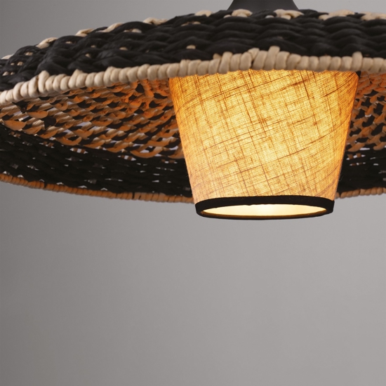Lampadario disco di rattan naturale e tessuto nero marrone per cucina