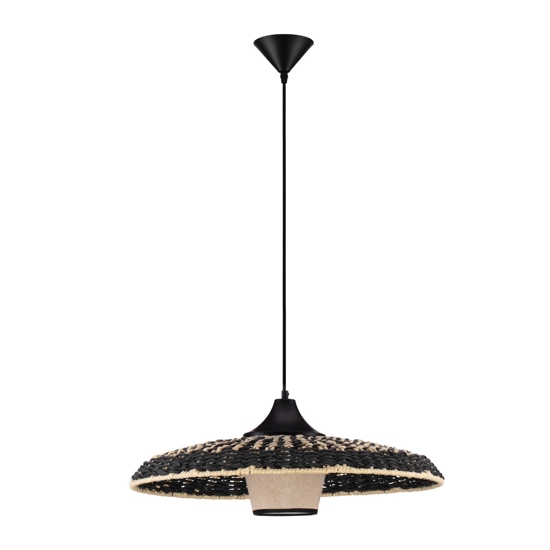 Lampadario disco di rattan naturale e tessuto nero marrone per cucina