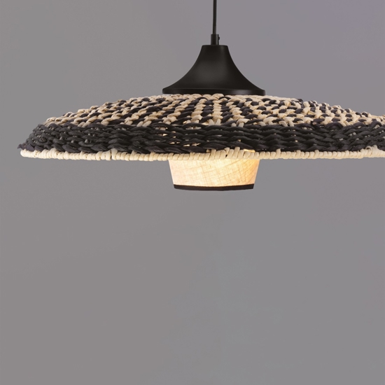 Lampadario disco di rattan naturale e tessuto nero marrone per cucina