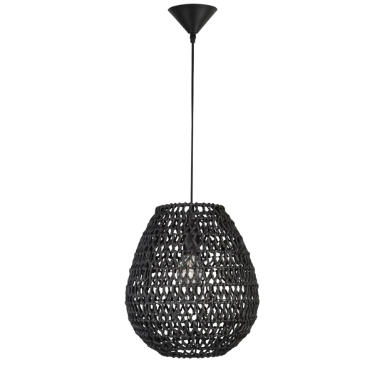 Lampadario a sospensione in rattan nero e corda di carta nera filo in tessuto