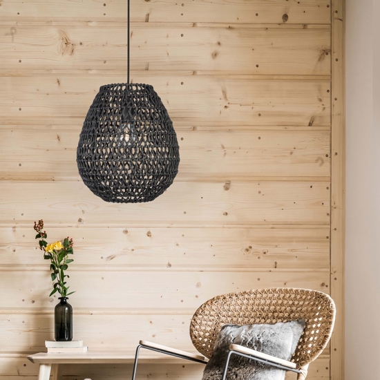 Lampadario a sospensione in rattan nero e corda di carta nera filo in tessuto