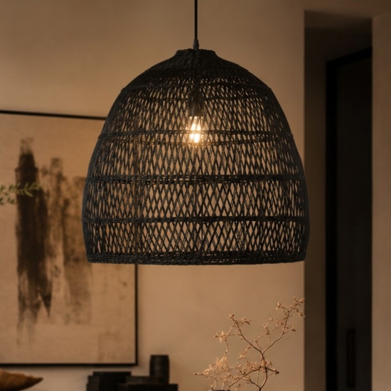 Lampadario cupola di rattan nero per soggiorno sala da pranzo