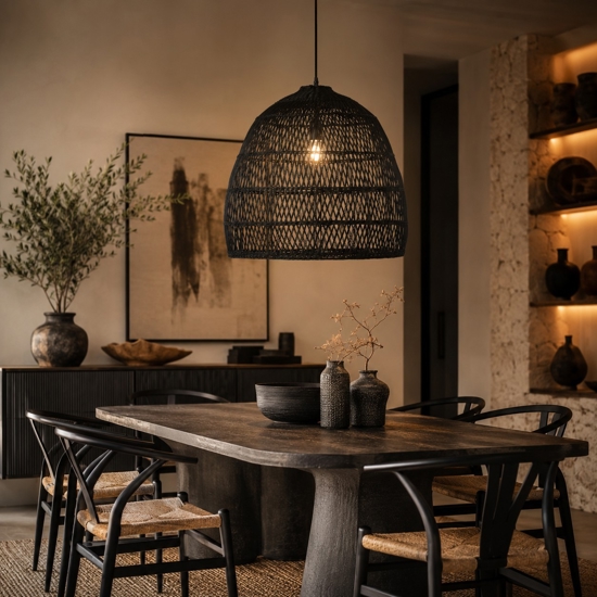 Lampadario cupola di rattan nero per soggiorno sala da pranzo