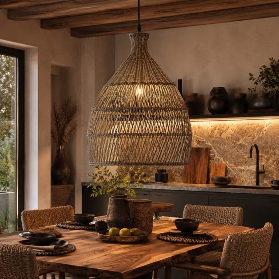 Lampadario cupola di rattan grigio 42 cm per cucina