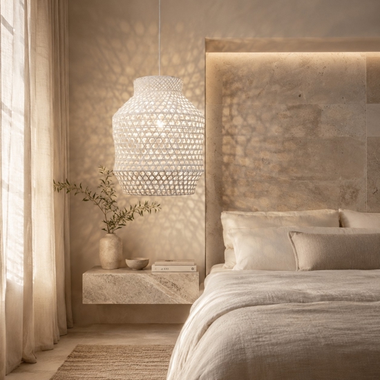 Lampadario di rattan avorio per camera da letto