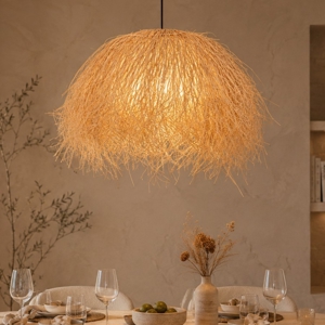 Lampadario cupola fili di rattan naturale per tavolo sala da cucina