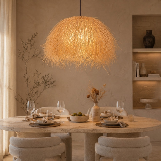 Lampadario cupola fili di rattan naturale per tavolo sala da cucina