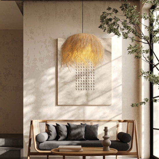 Lampadario cupola fili di rattan naturale per tavolo sala da cucina