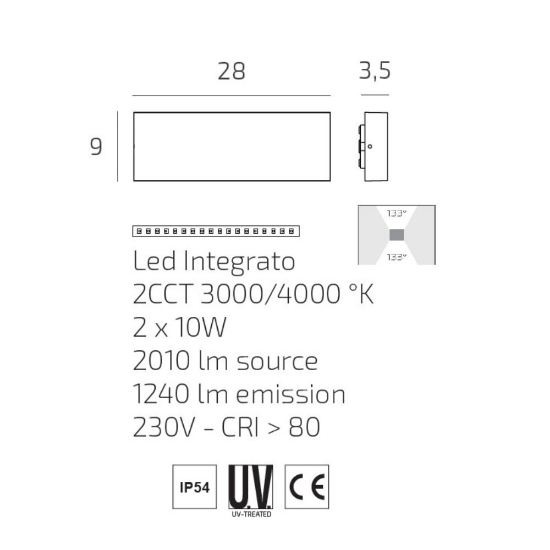 Applique da esterno rettangolare antracite led biemissione cct 3000k 4000k top light lima