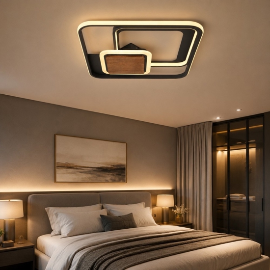 Plafoniera camera da letto quadrata led 3000k con dettagli in legno