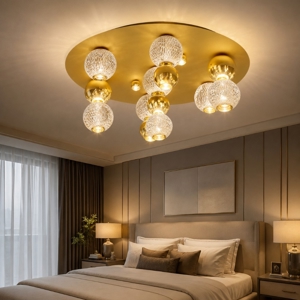 Plafoniera per camera da letto sfere oro trasparenti contemporanea led 39w 3200k