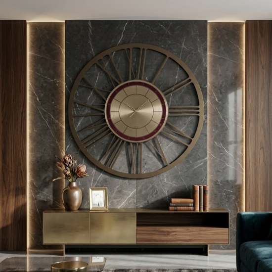 Grande orologio da parete 90cm rotondo numeri romani metallo bronzo