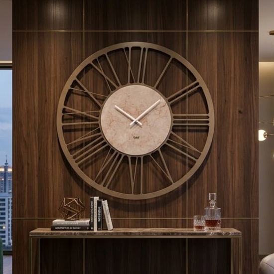 Orologio da parete moderno numeri romani rotondo bronzo effetto marmo