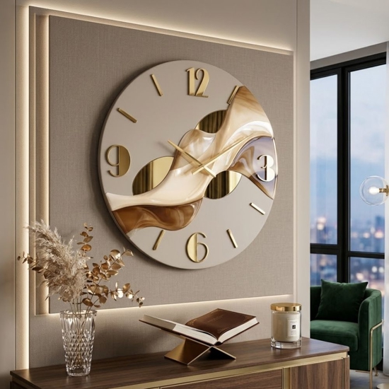 Grande orologio rotondo a parete resina effetto marmo dettagli foglia oro 70cm