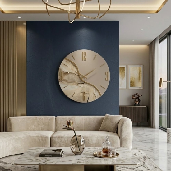 Orologio rotondo da parete moderno effetto marmo beige dettagli oro 70cm