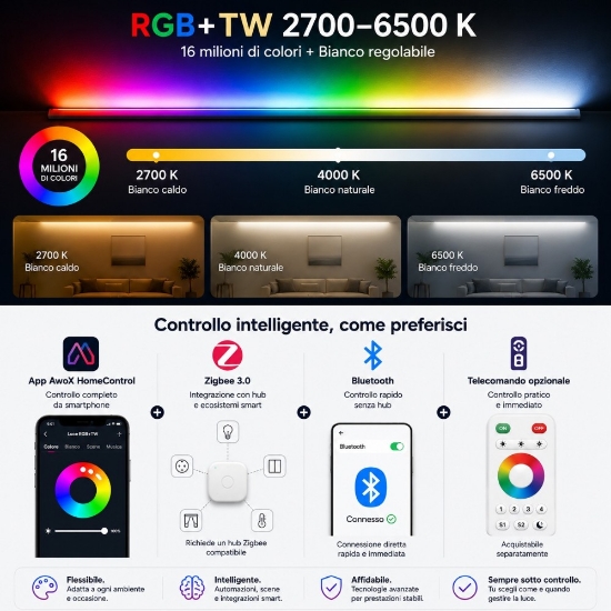 Lampadario barra a sospensione nero led 20w rgb cct 2700k a 6500k controllo remoto app