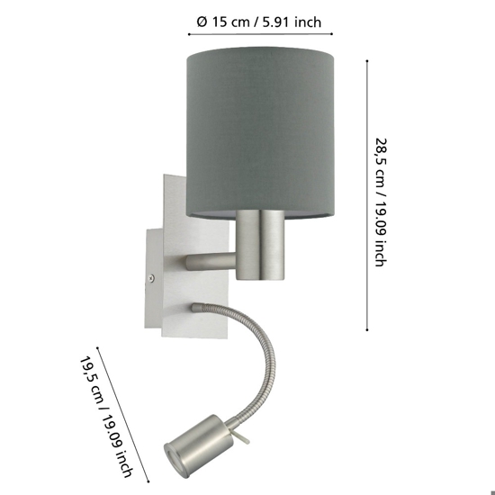 Applique grigio per comodino camera da letto moderna con luce da lettura orientabile eglo pasteri