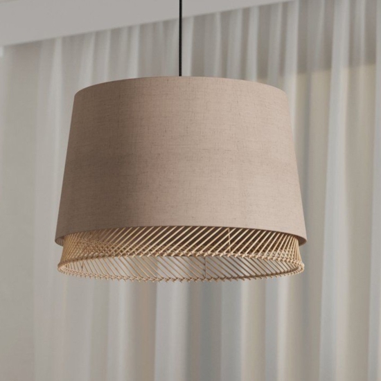 Lampada a sospensione paralume in lino inserti in legno eglo tabley