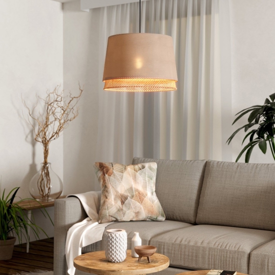Lampada a sospensione paralume in lino inserti in legno eglo tabley