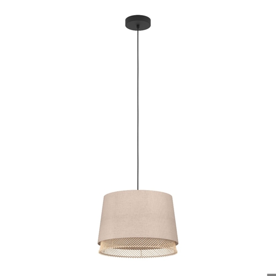Lampada a sospensione paralume in lino inserti in legno eglo tabley
