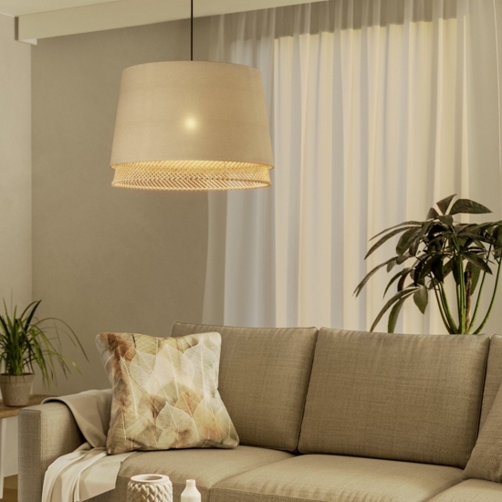 Lampada a sospensione paralume in lino inserti in legno eglo tabley