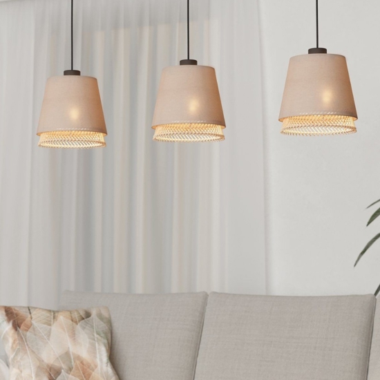 Lampadario con lampade di tessuto lino e legno a sospensione per sala da pranzo eglo tabley