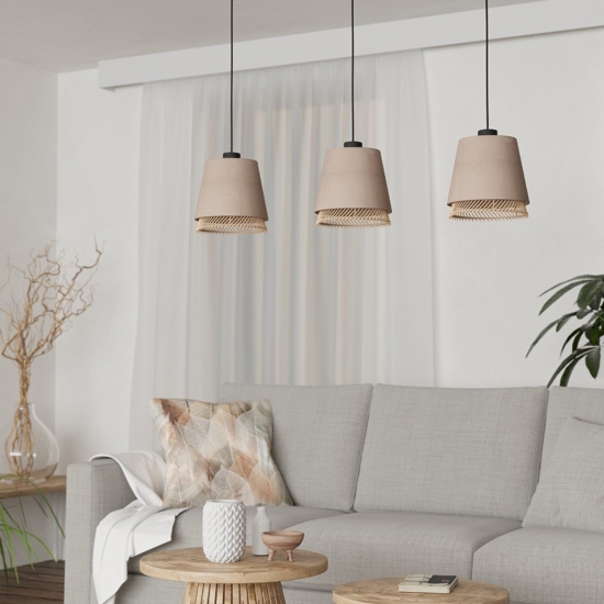 Lampadario con lampade di tessuto lino e legno a sospensione per sala da pranzo eglo tabley