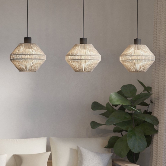 Lampadario 3 pendenti a diamante di canapa crema eglo midsumer per sala da pranzo